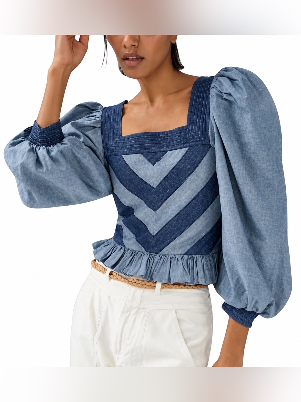 Anthropology Love the Label NWT puff sleeve denim top, small
